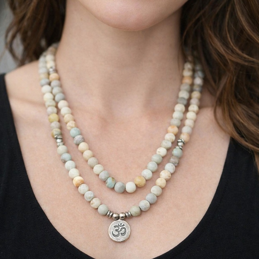 Amazonite Mala Beaded Necklace with Silver Pendant J307